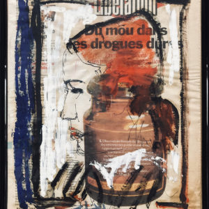 This artwork, composed on a page of Libération, blends a sketched human profile with a bold image of a medicine jar. The headline, “Du mou dans les drogues dures” (“Softening on hard drugs”), Expressive brushstrokes in red, white, and blue interact with the newsprint, creating a contrast between the human figure and the drug policy headline. The piece seems to comment on the societal impact of drug issues, using the newspaper as both a canvas and a reflection of contemporary concerns.