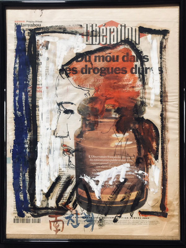 This artwork, composed on a page of Libération, blends a sketched human profile with a bold image of a medicine jar. The headline, “Du mou dans les drogues dures” (“Softening on hard drugs”), Expressive brushstrokes in red, white, and blue interact with the newsprint, creating a contrast between the human figure and the drug policy headline. The piece seems to comment on the societal impact of drug issues, using the newspaper as both a canvas and a reflection of contemporary concerns.